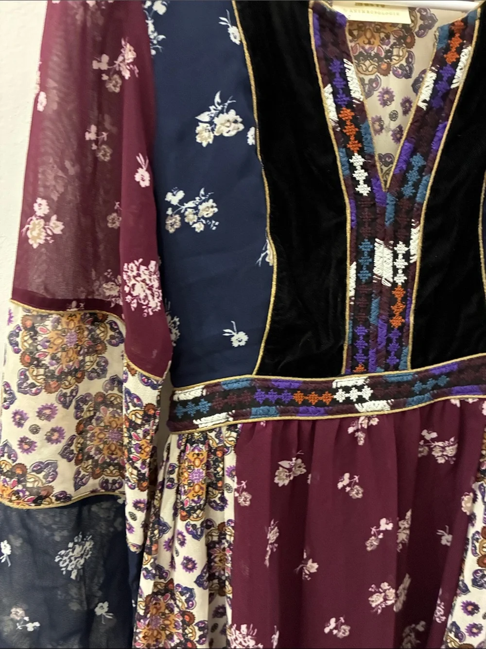 Maeve Anthropologie- Boho Floral Patchwork Dress - Burgundy & Navy - small